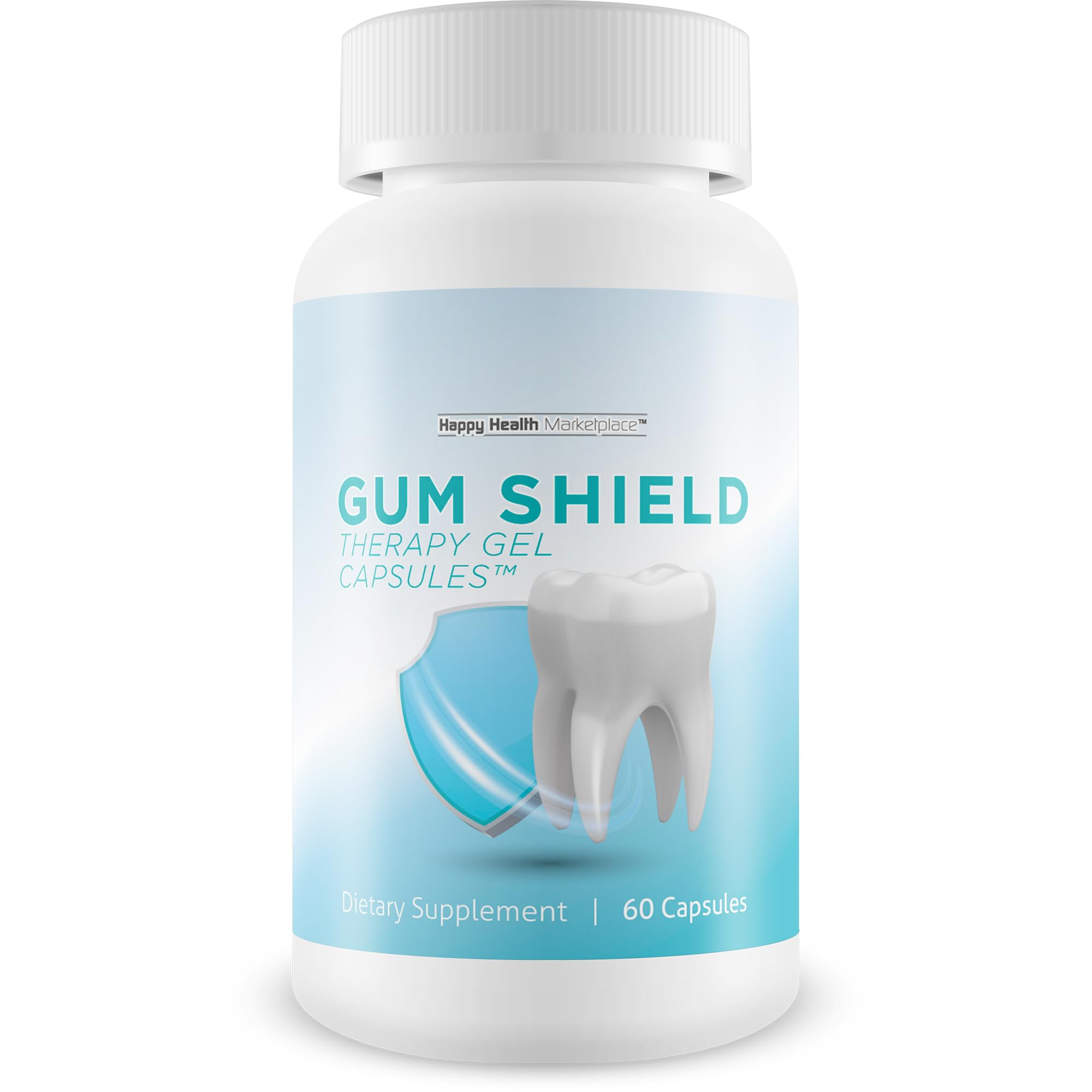 Happy Health Gum Shield Therapy bottle showing convenient capsules for daily mouth support and fresh breath.