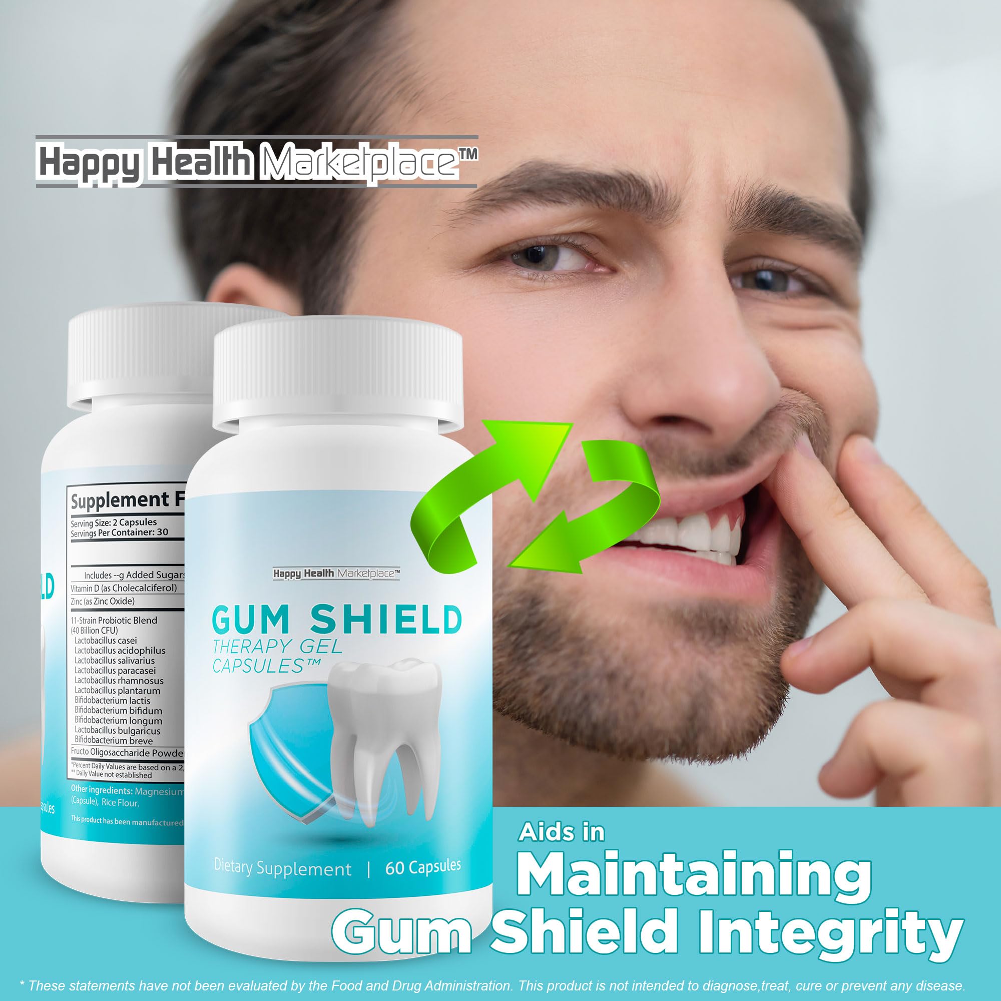 Happy Health Gum Shield Therapy daily-use scene suggests simple routine for ongoing mouth wellness.