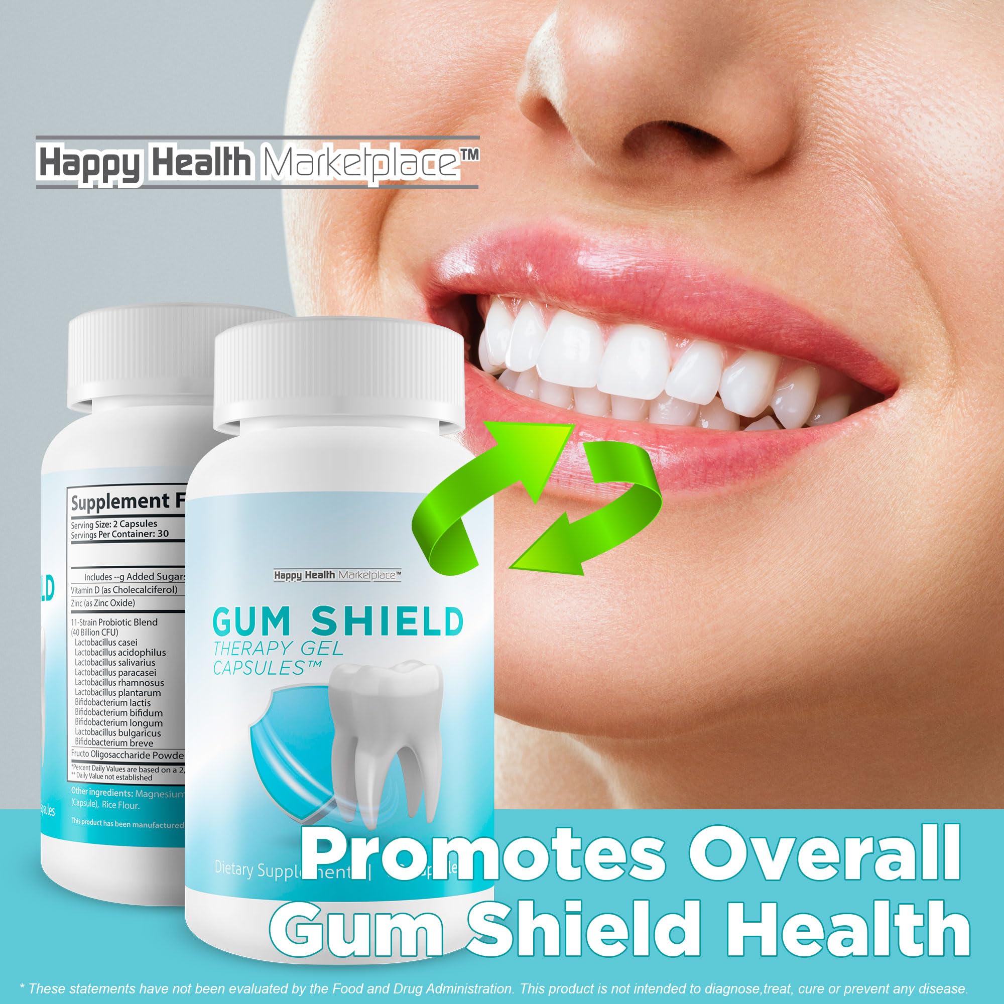 Happy Health Gum Shield Therapy bottle highlights breath freshness and odor control benefits.