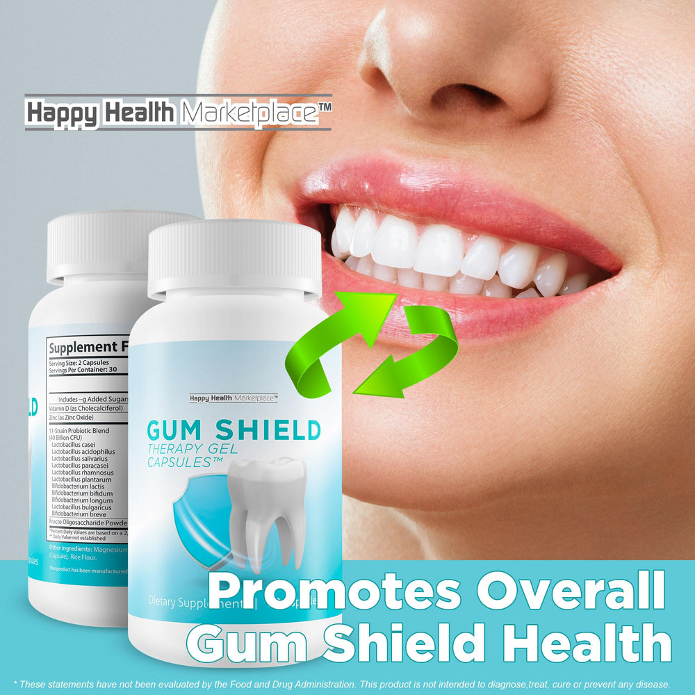 Happy Health Gum Shield Therapy bottle highlights breath freshness and odor control benefits.