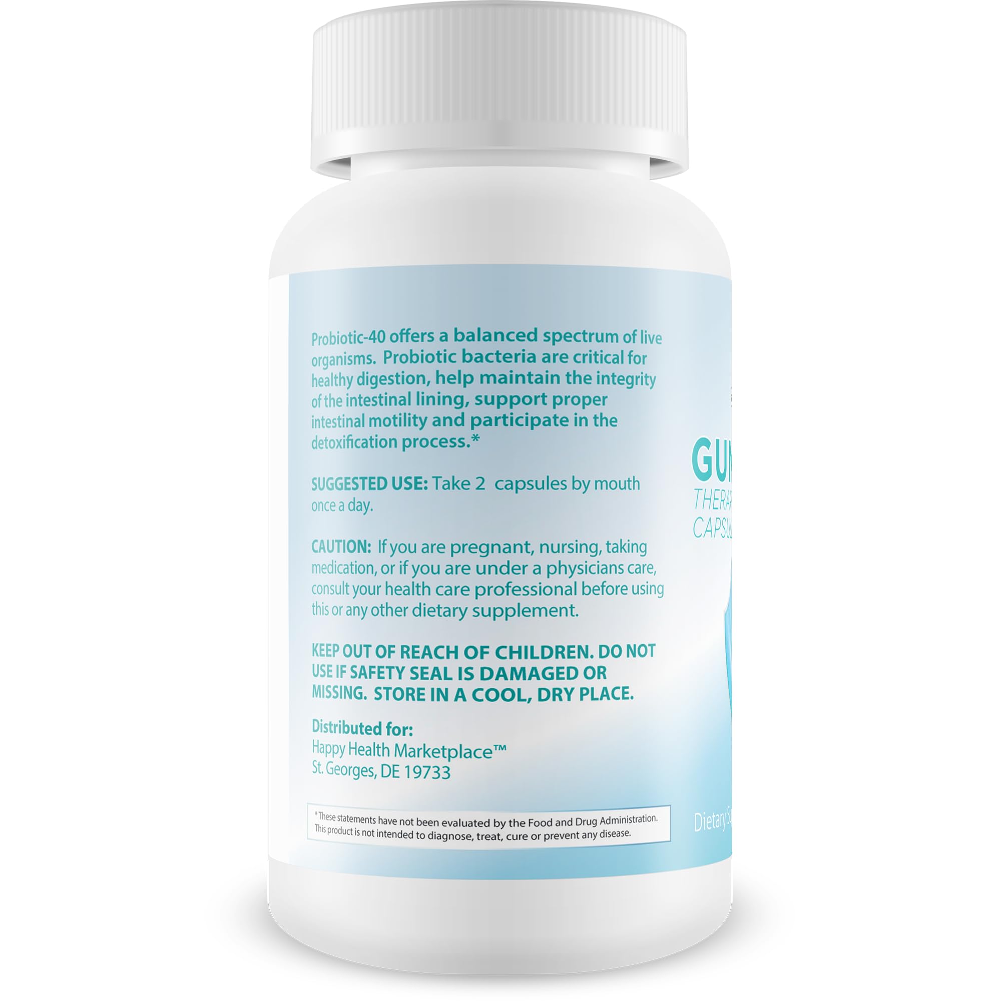 Happy Health Gum Shield Therapy label closeup emphasizes natural formula free from artificial ingredients.