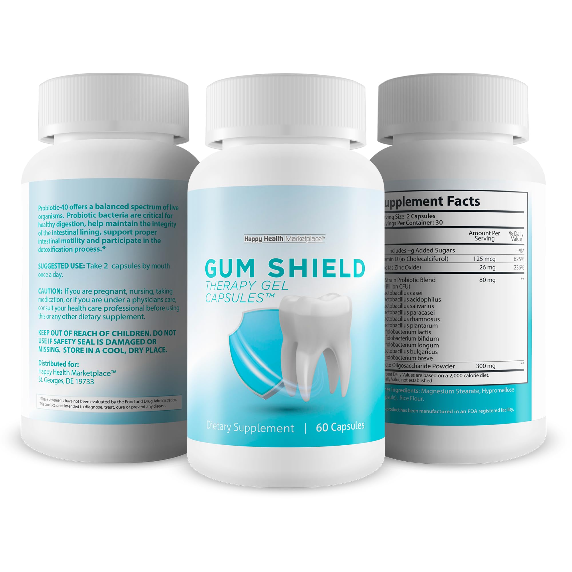 Happy Health Gum Shield Therapy packaging box showcases USA-made quality and trusted dental probiotics.
