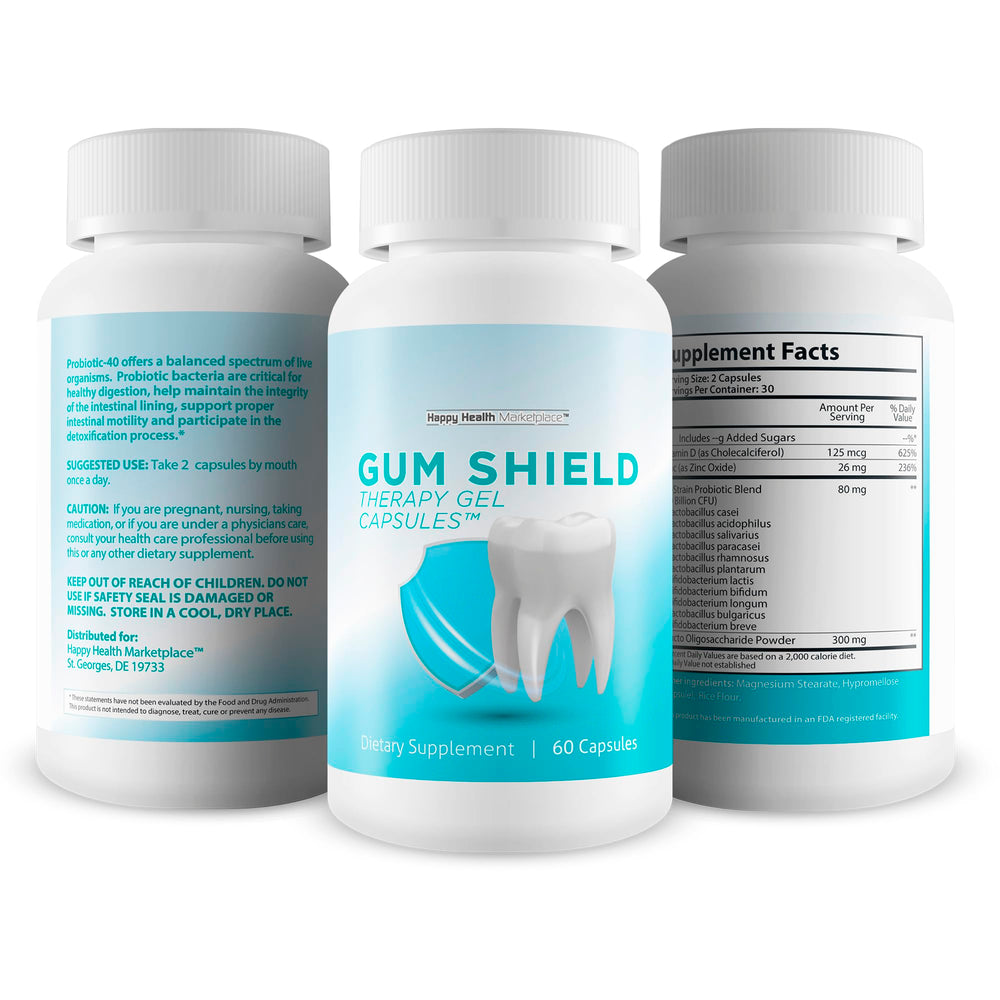 Happy Health Gum Shield Therapy packaging box showcases USA-made quality and trusted dental probiotics.