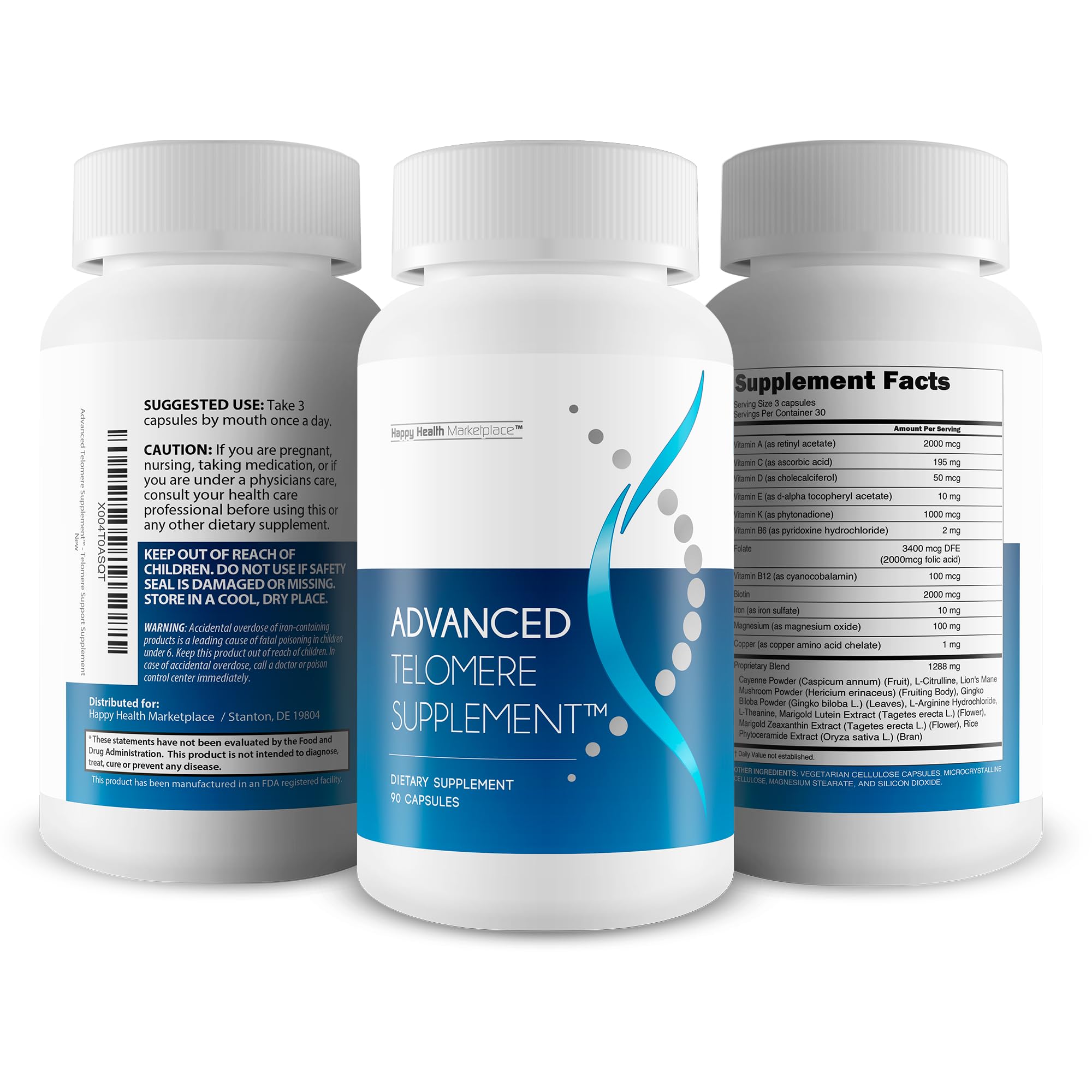 Happy Health Marketplace Advanced Telomere bottle in hands for easy daily use.