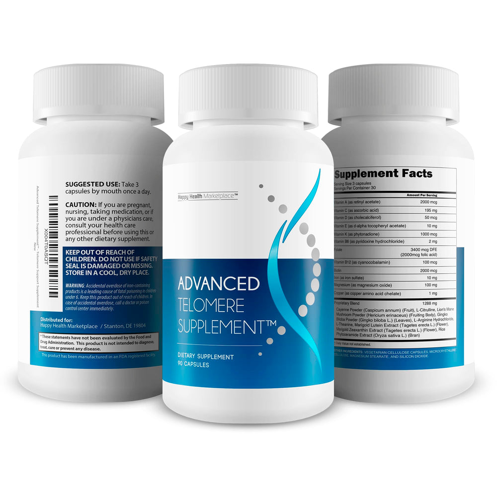 Happy Health Marketplace Advanced Telomere bottle in hands for easy daily use.