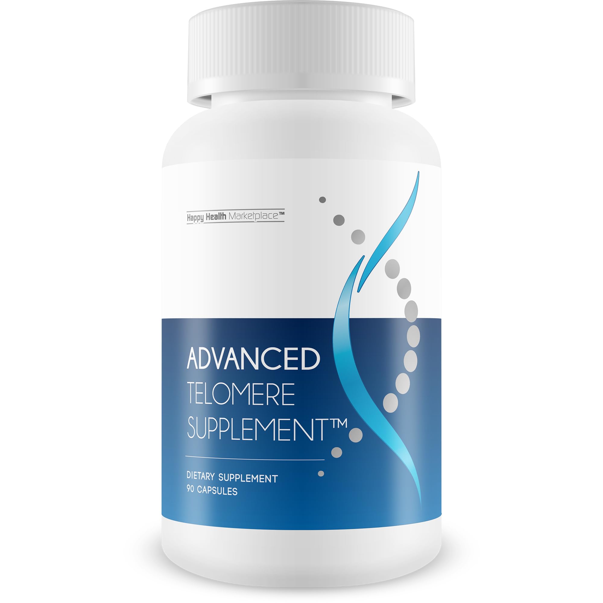Happy Health Marketplace Advanced Telomere bottle on shelf supporting overall vitality.
