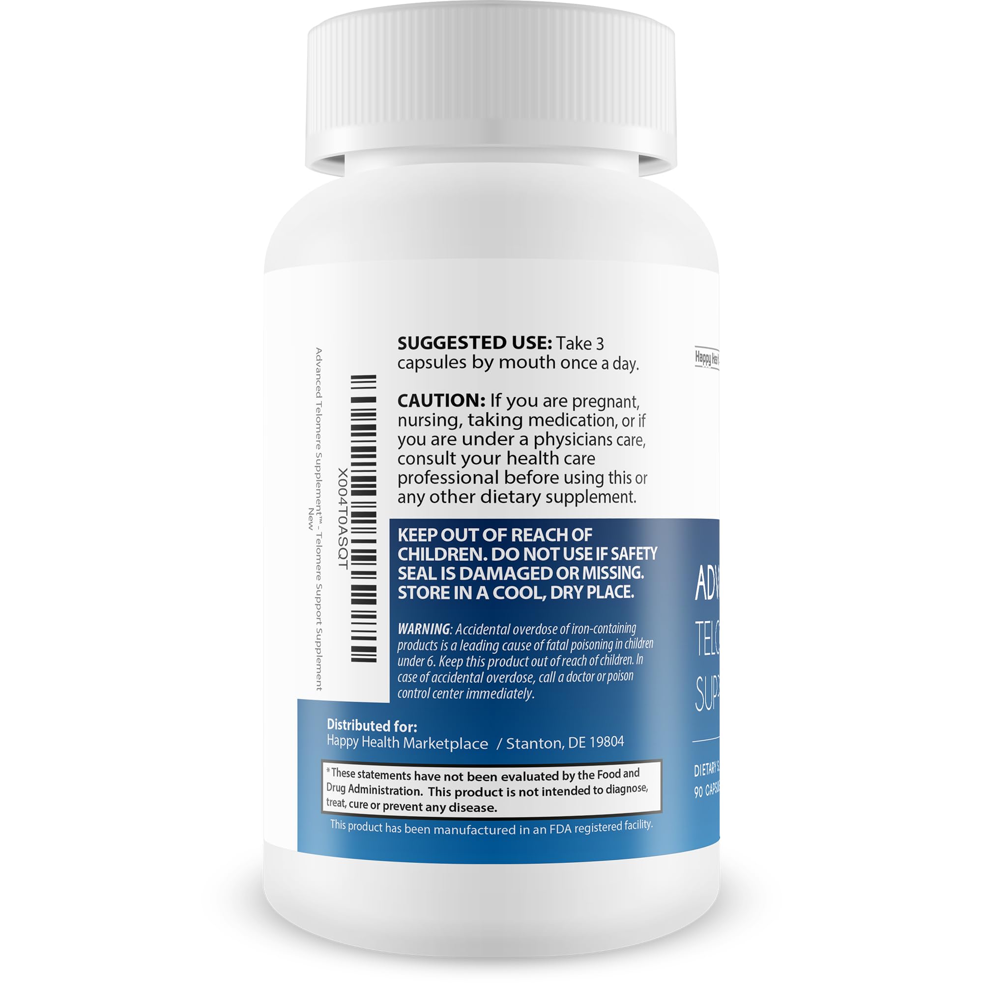 Happy Health Marketplace Advanced Telomere capsules show vegetarian option for daily energy.