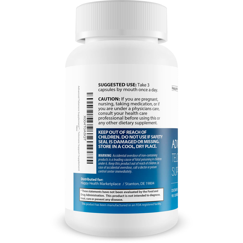 Happy Health Marketplace Advanced Telomere capsules show vegetarian option for daily energy.