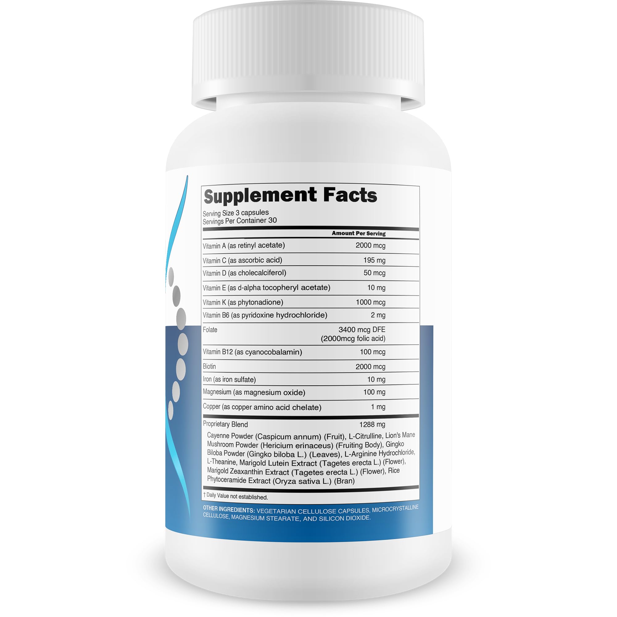 Happy Health Marketplace Advanced Telomere label close-up with nutrition details for cellular care.