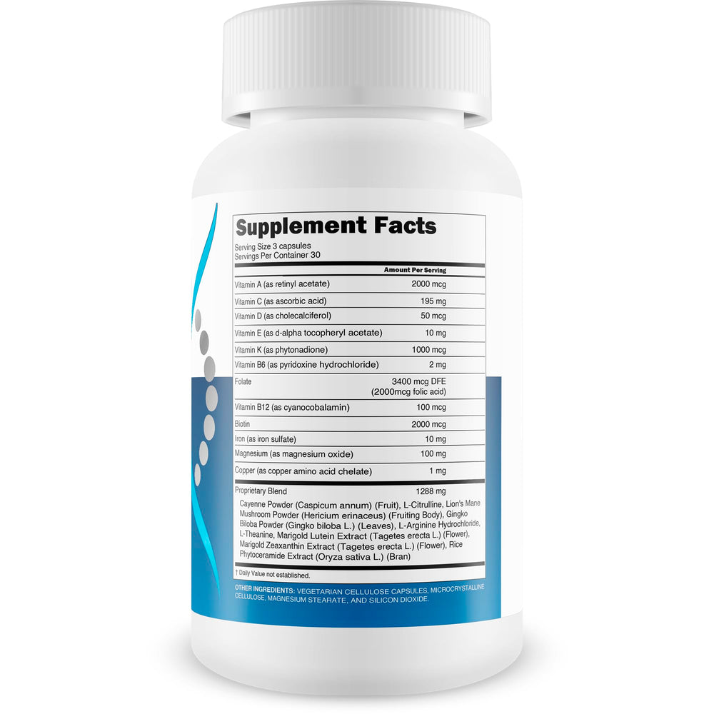 Happy Health Marketplace Advanced Telomere label close-up with nutrition details for cellular care.
