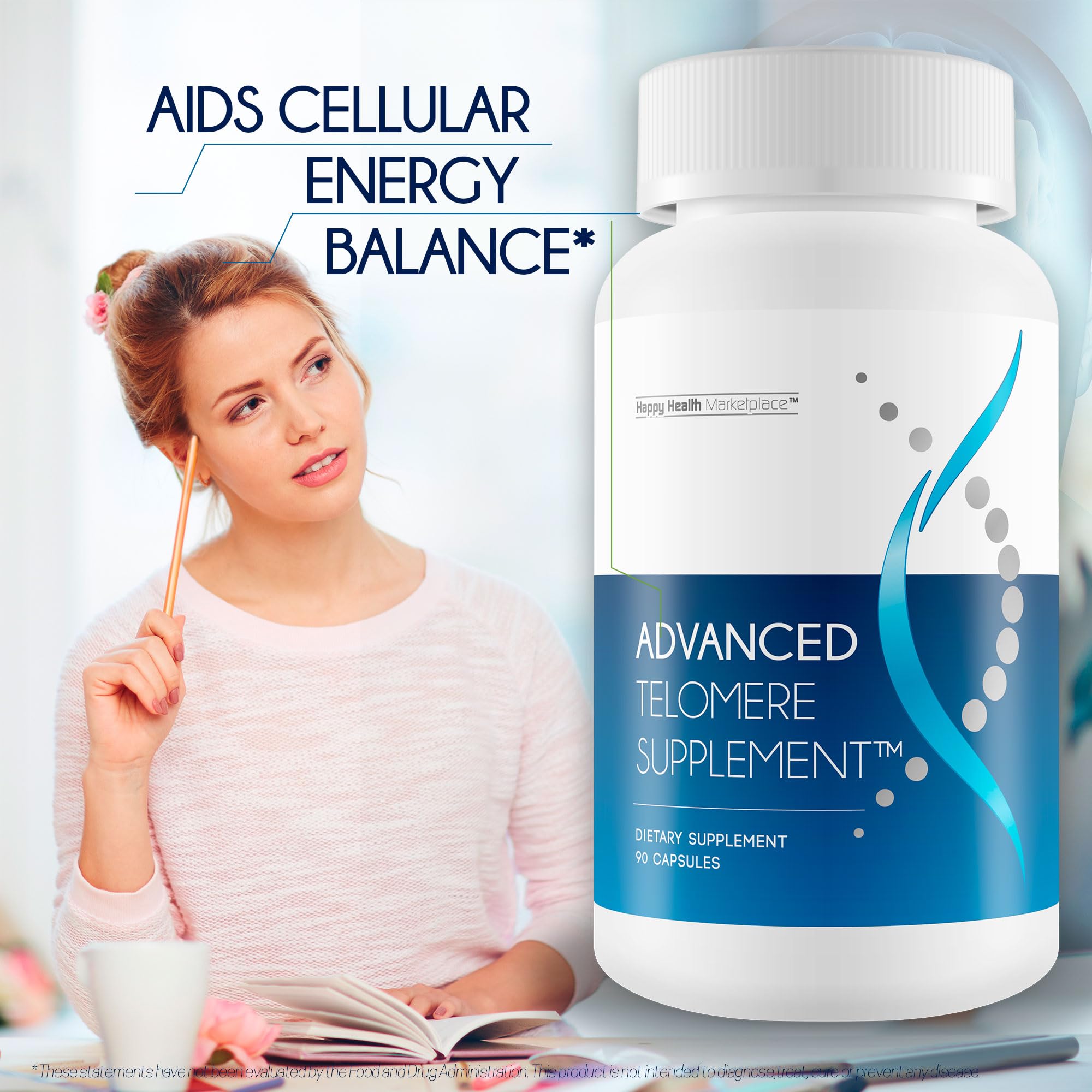Happy Health Marketplace Advanced Telomere capsule being taken supports convenient daily wellness.