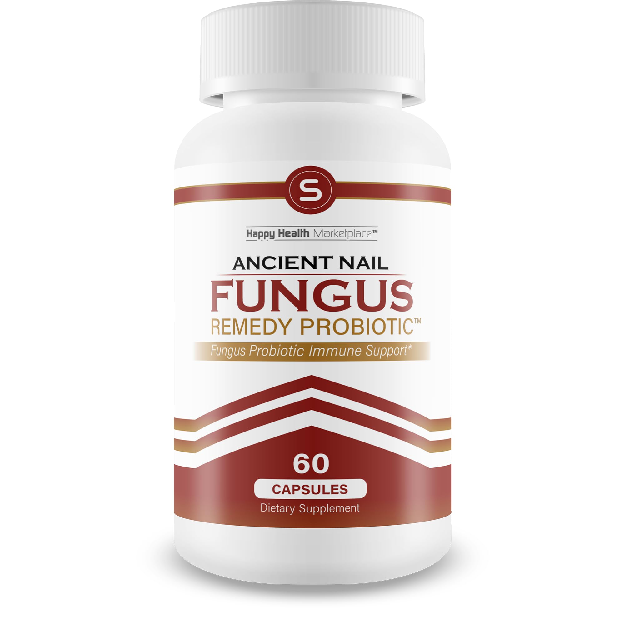 Happy Health Marketplace Ancient Nail Fungus Remedy Probiotic bottle supports nail health and immune balance.