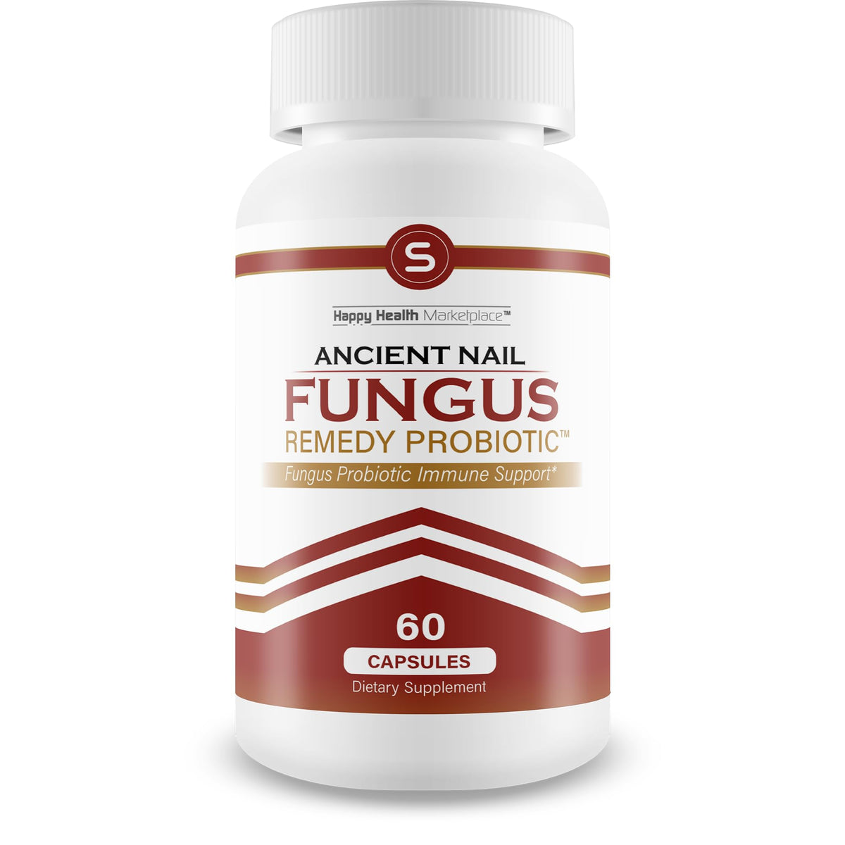 Happy Health Marketplace Ancient Nail Fungus Remedy Probiotic bottle supports nail health and immune balance.