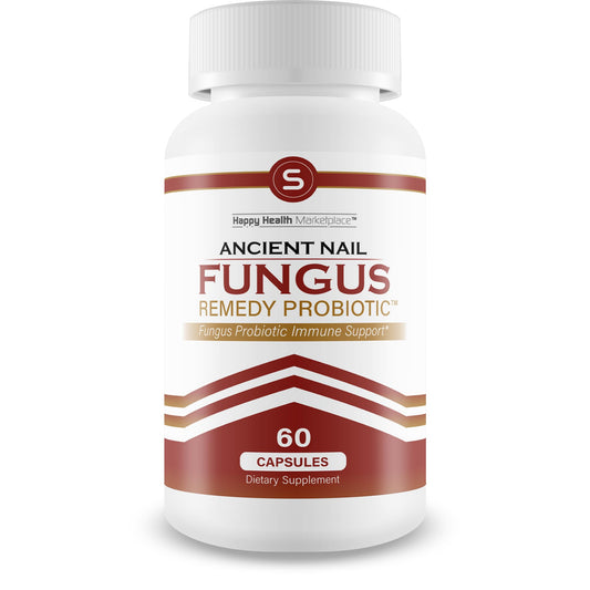Happy Health Marketplace Ancient Nail Fungus Remedy Probiotic bottle supports nail health and immune balance.
