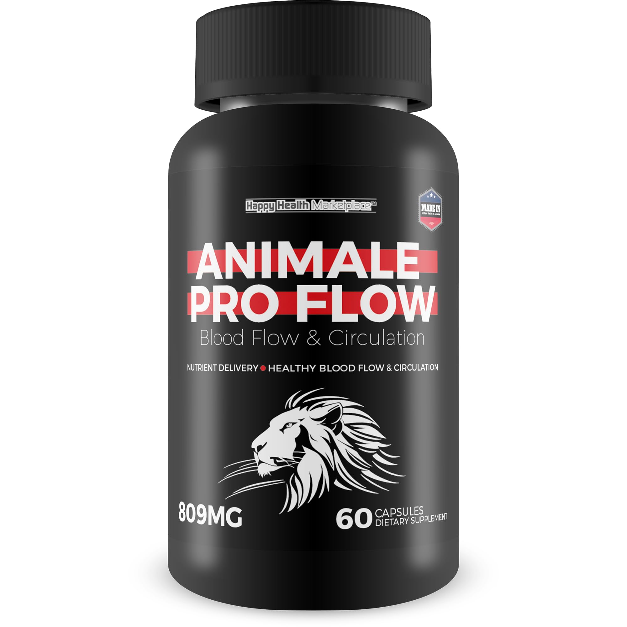Happy Health Marketplace Animale Pro Flow bottle closeup showing premium blood flow support for daily stamina.