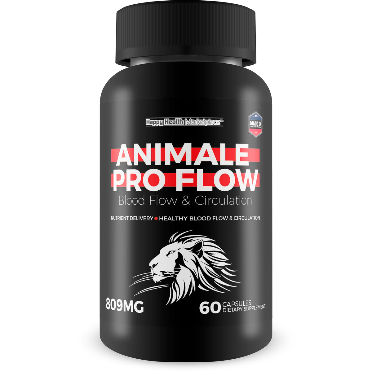 Happy Health Marketplace Animale Pro Flow bottle closeup showing premium blood flow support for daily stamina.