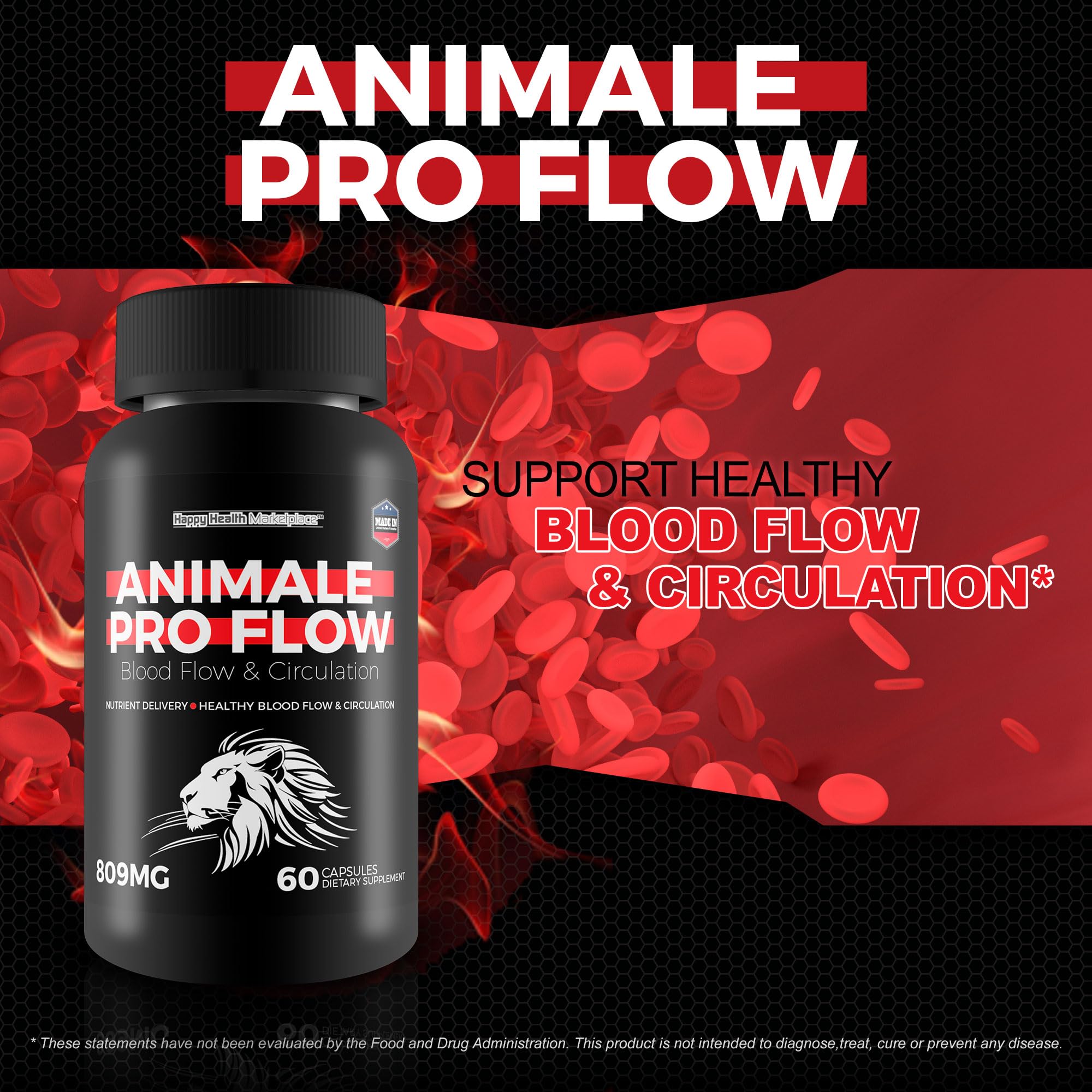 Happy Health Marketplace Animale Pro Flow capsules arranged for steady blood flow support.