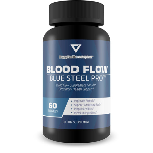 Happy Health Marketplace Blood Flow Blue Steel Pro bottle promotes daily circulation support
