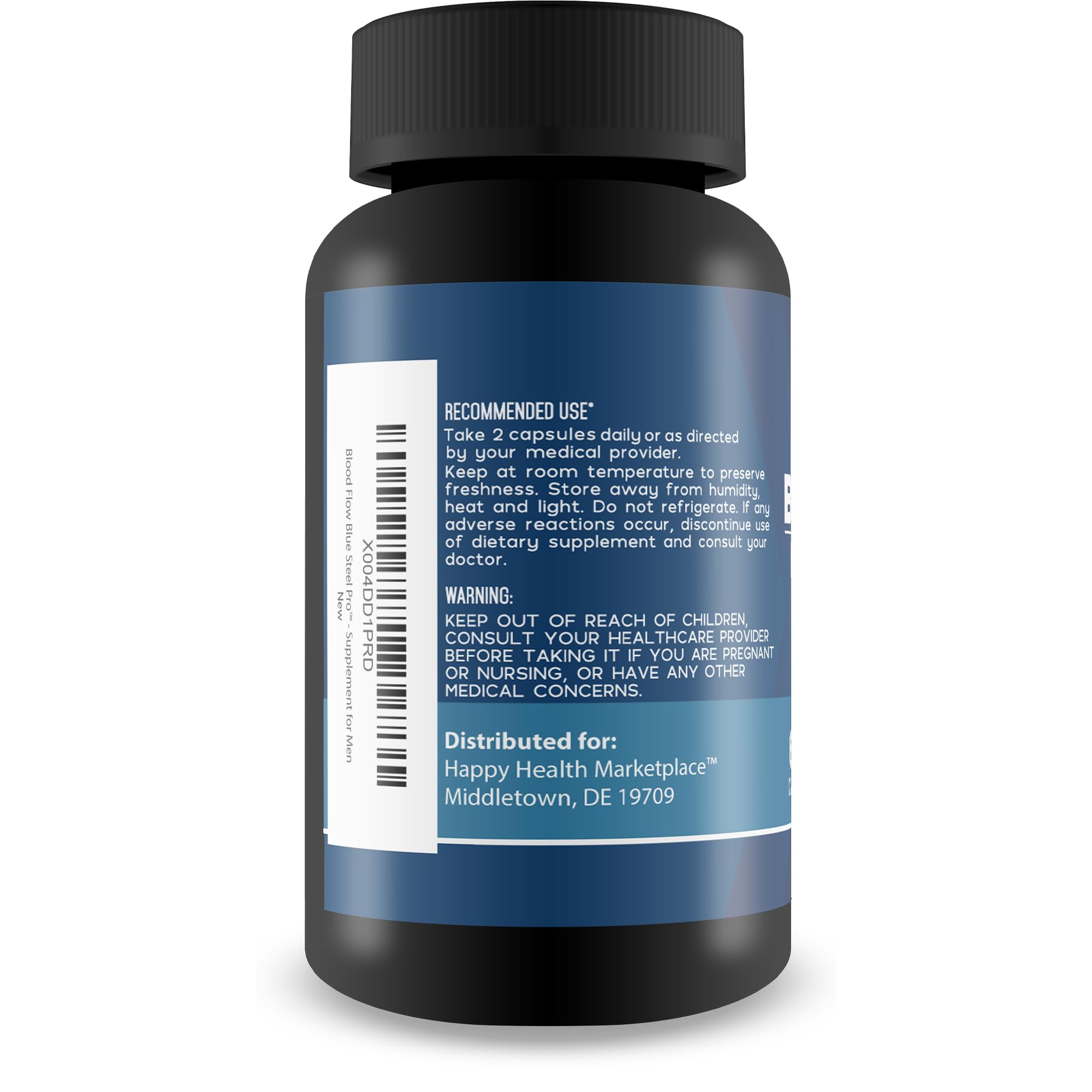 Happy Health Marketplace Blood Flow Blue Steel Pro capsules, easy daily intake for men