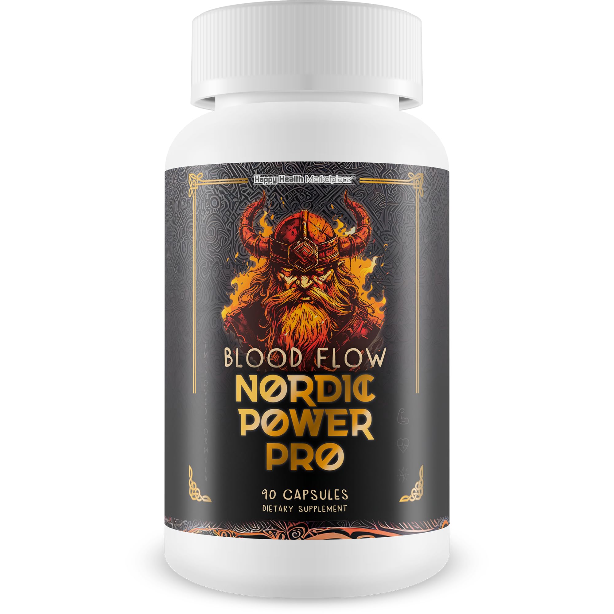 Happy Health Marketplace Blood Flow Nordic Power Pro bottle on wood supports daily circulation.