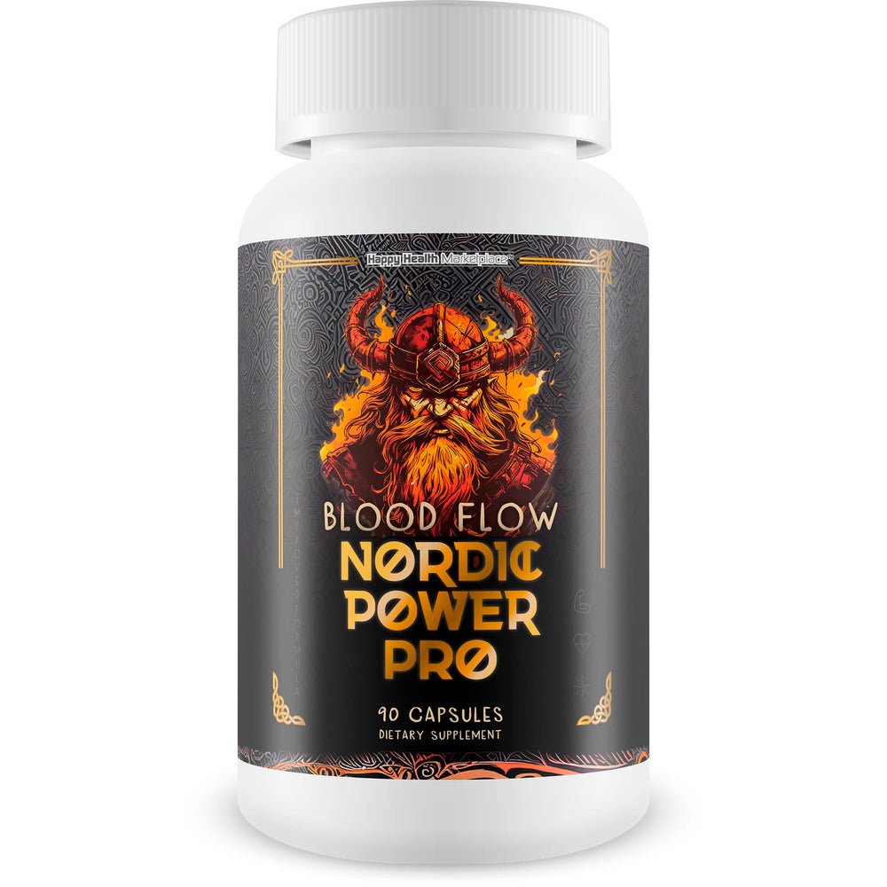 Happy Health Marketplace Blood Flow Nordic Power Pro bottle on wood supports daily circulation.