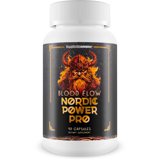 Happy Health Marketplace Blood Flow Nordic Power Pro bottle on wood supports daily circulation.