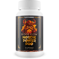 Happy Health Marketplace Blood Flow Nordic Power Pro bottle on wood supports daily circulation.