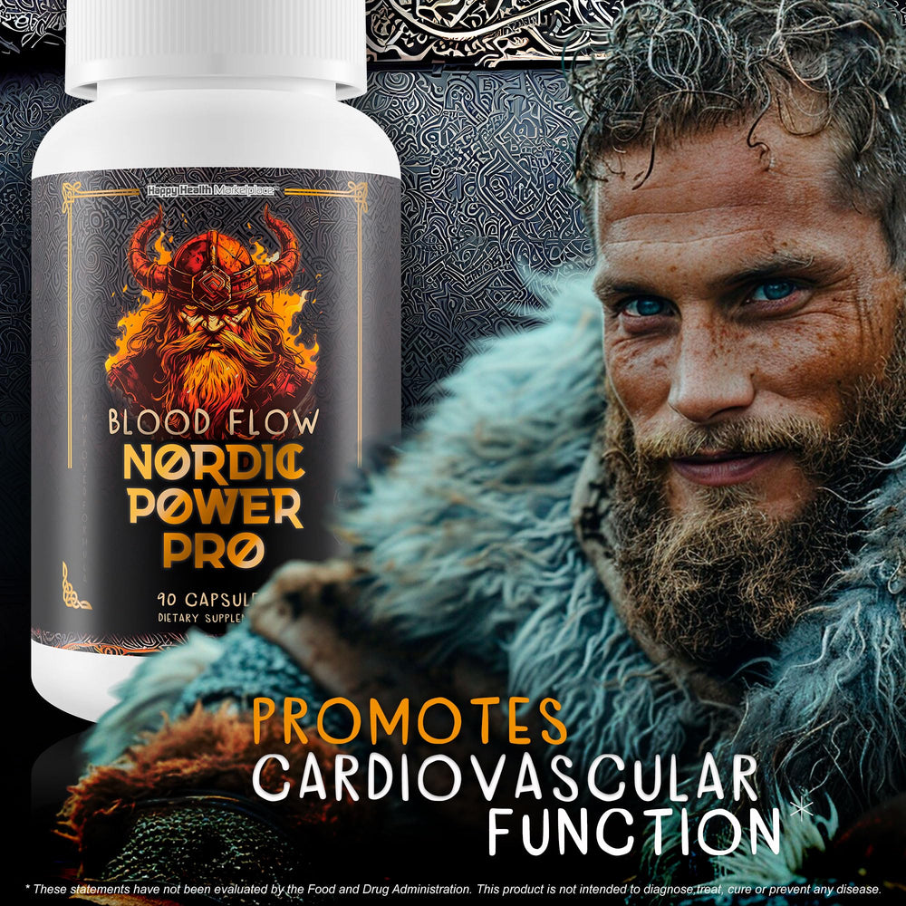 Happy Health Marketplace Blood Flow Nordic Power Pro dosage background shows capsules ready to take.