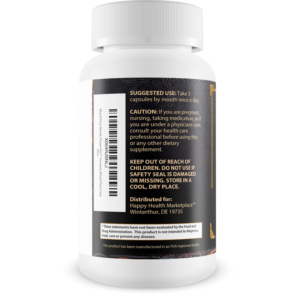Happy Health Marketplace Blood Flow Nordic Power Pro label detail shows essential ingredients at a glance.