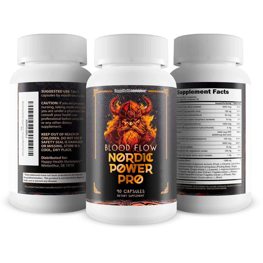 Happy Health Marketplace Blood Flow Nordic Power Pro packaging on display for easy shopping.