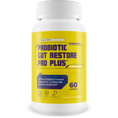 Happy Health Marketplace Probiotic Gut Restore Pro Plus bottle promotes digestive balance.