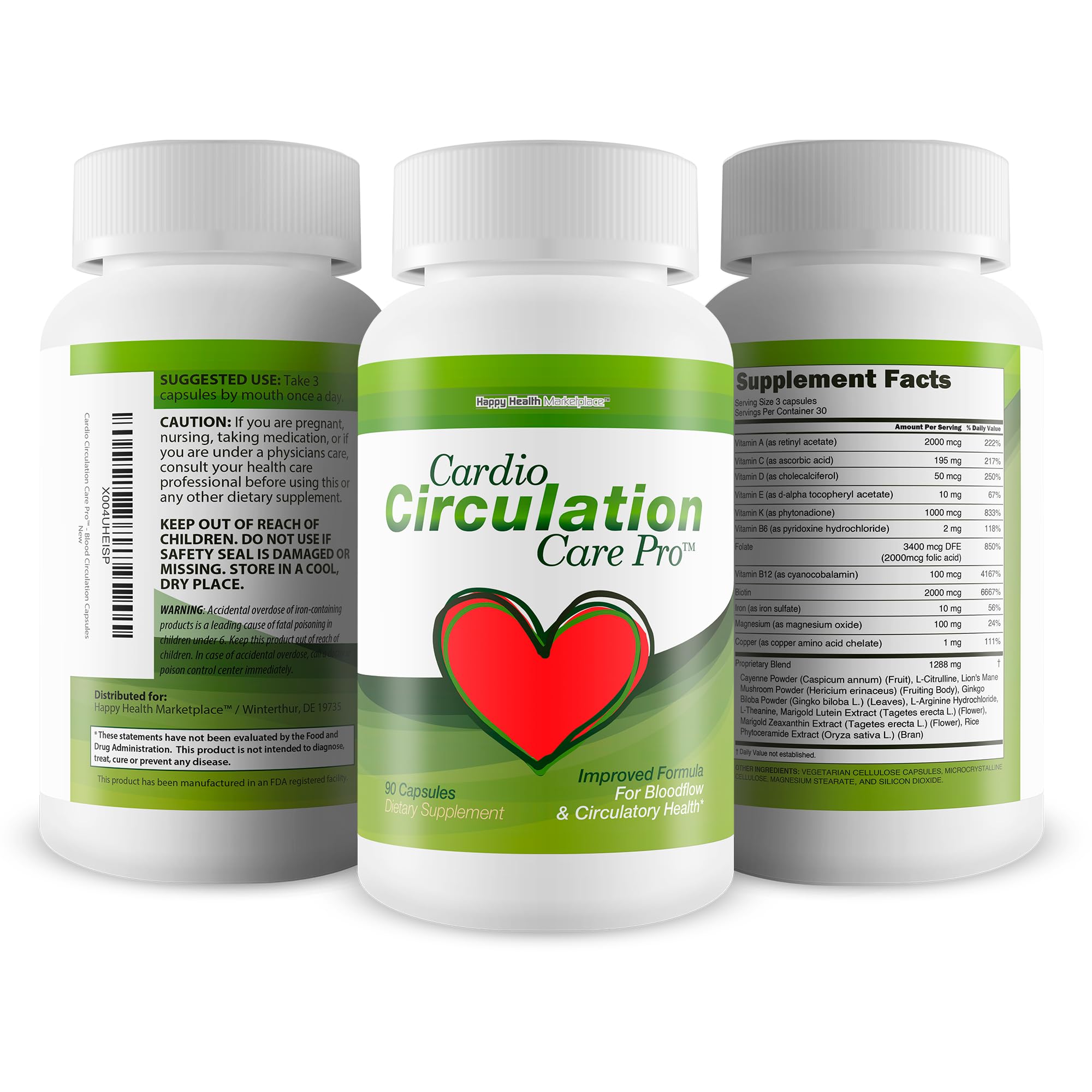 Happy Health Marketplace Cardio Circulation Care Pro ingredients panel highlights vitamin blend.