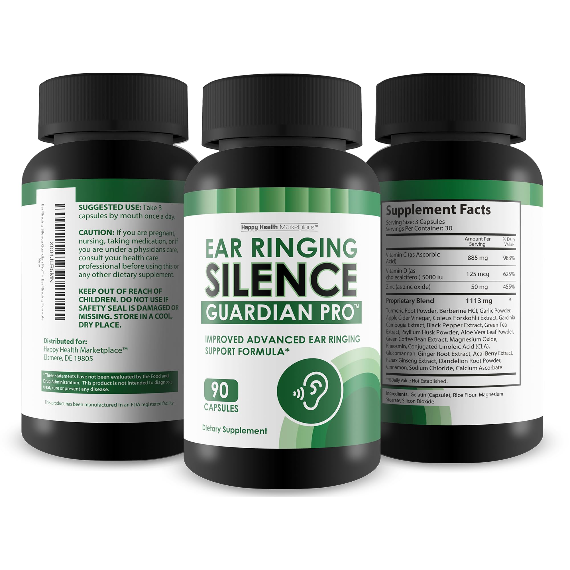 Happy Health Marketplace label shows vitamins, minerals, and botanicals for auditory wellness.