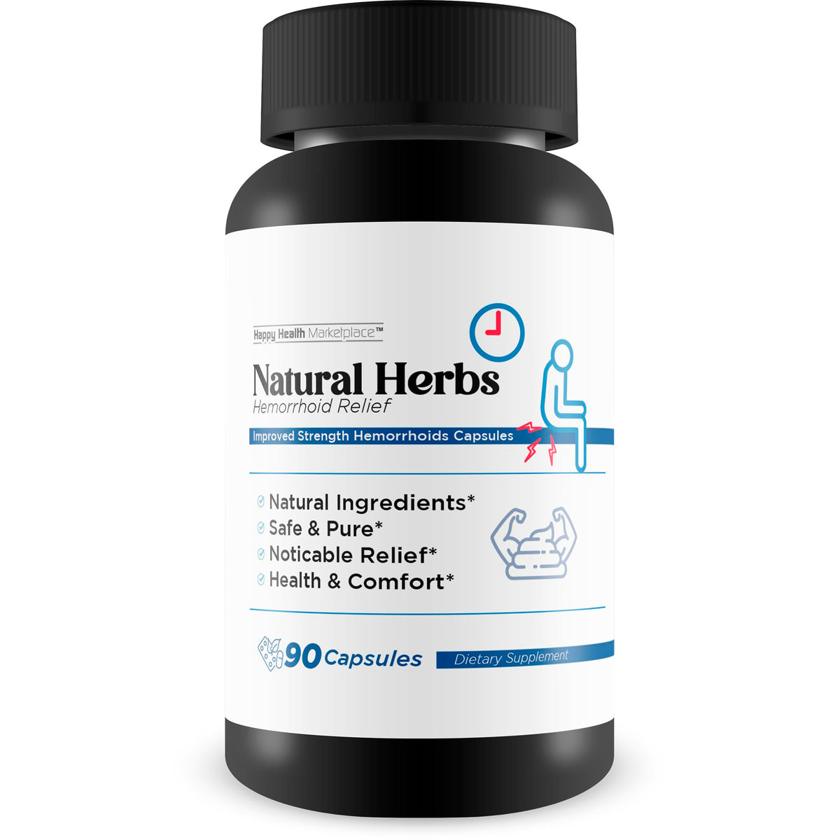 Happy Health Marketplace Natural Herbs Hemorrhoids Capsules bottle close-up for gentle relief