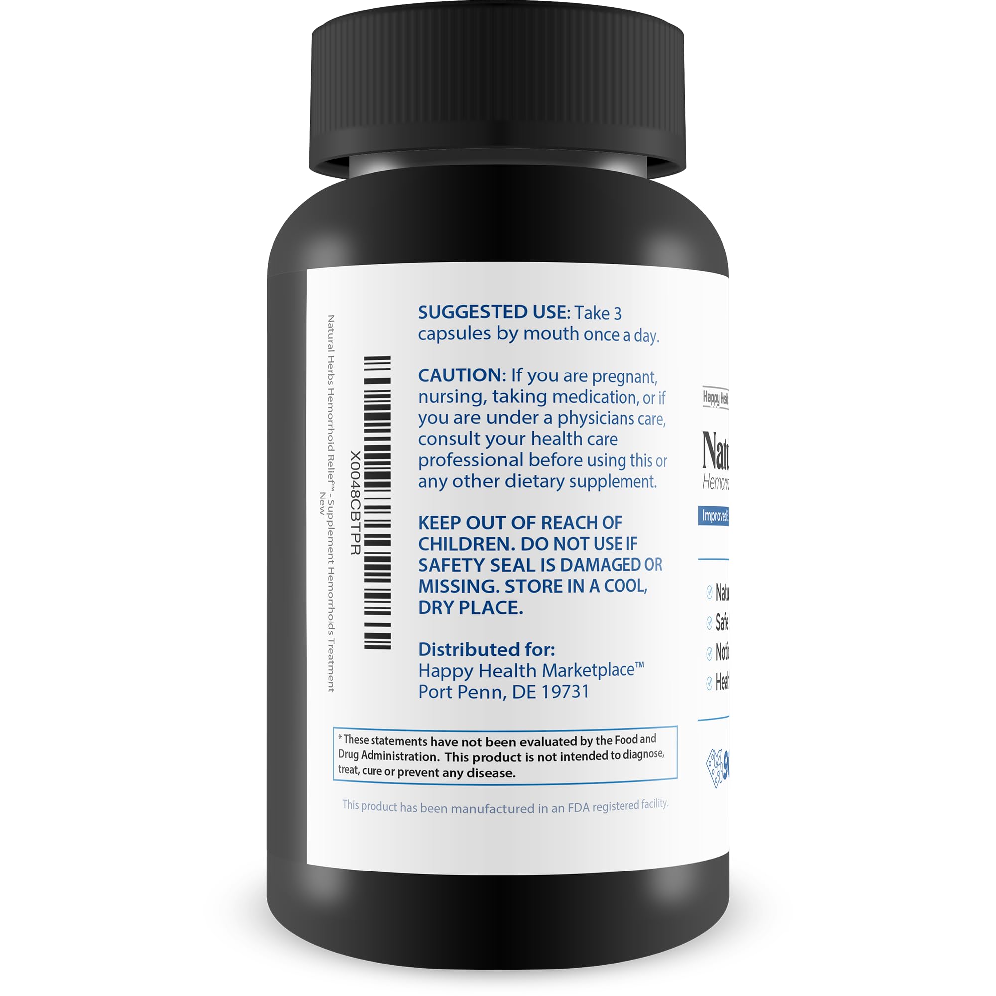 Happy Health Marketplace Natural Herbs Hemorrhoids Capsules dosing guide shows daily use