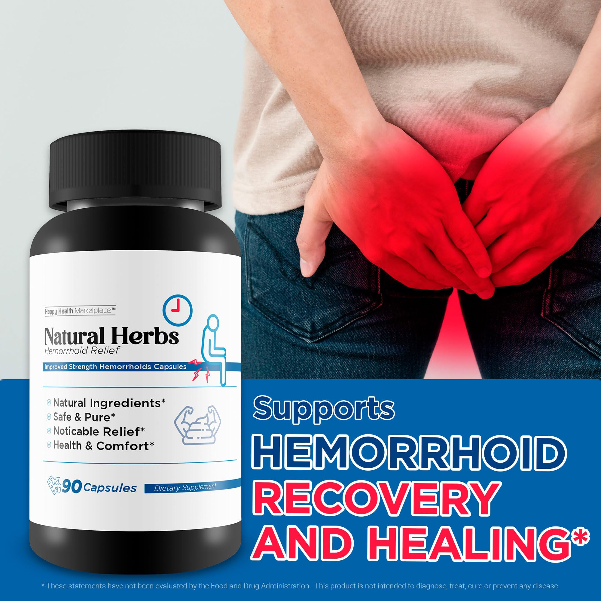 Happy Health Marketplace Natural Herbs Hemorrhoids Capsules USA-made seal signaling quality