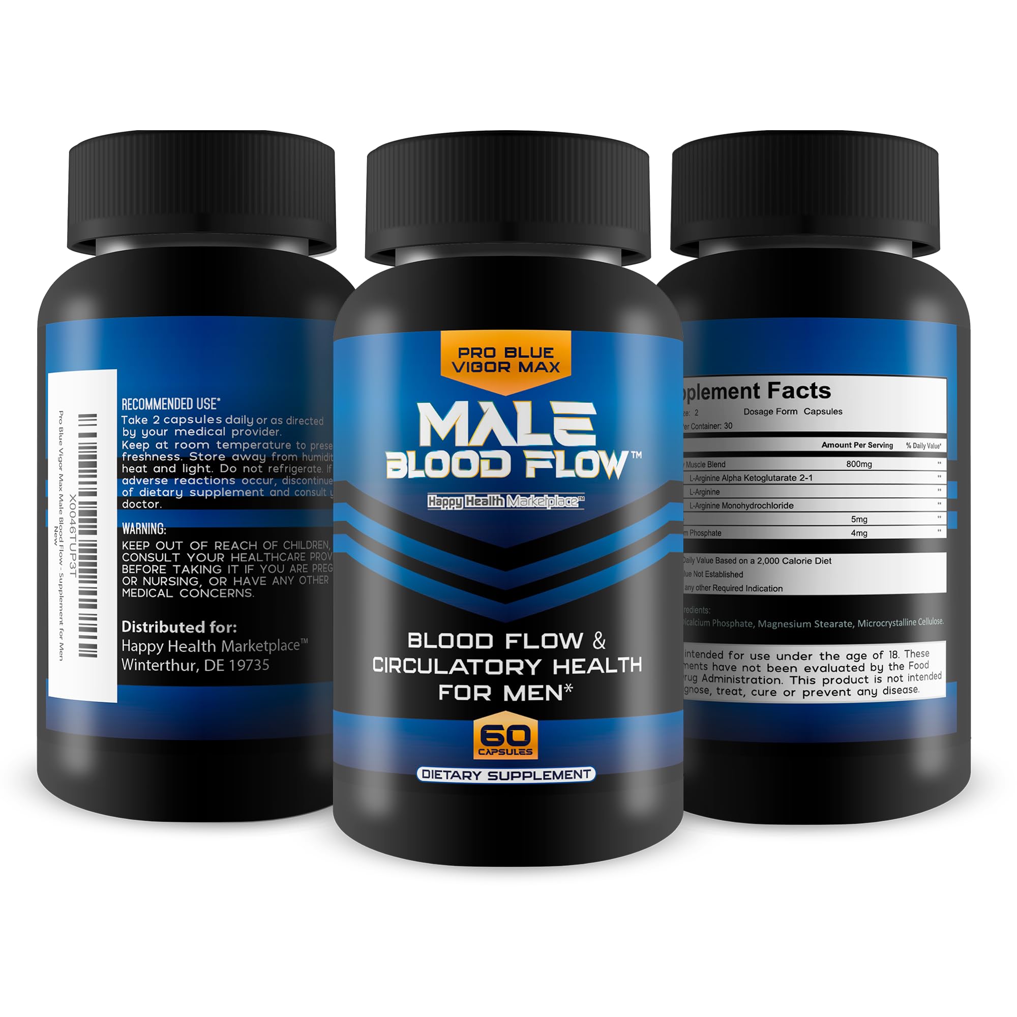 Happy Health Marketplace Pro Blue Vigor Max bottle packaging showcases USA-made quality