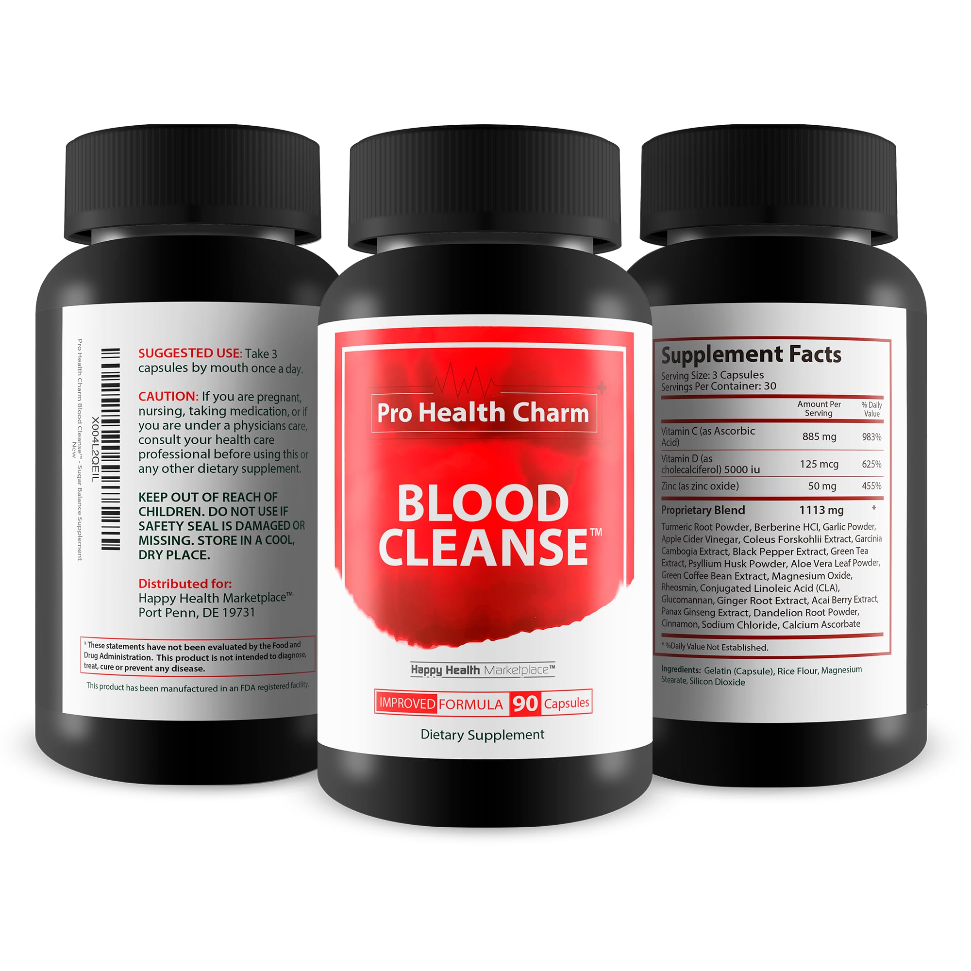 Packaging setup for Happy Health Marketplace Blood Cleanse, ready for daily use.