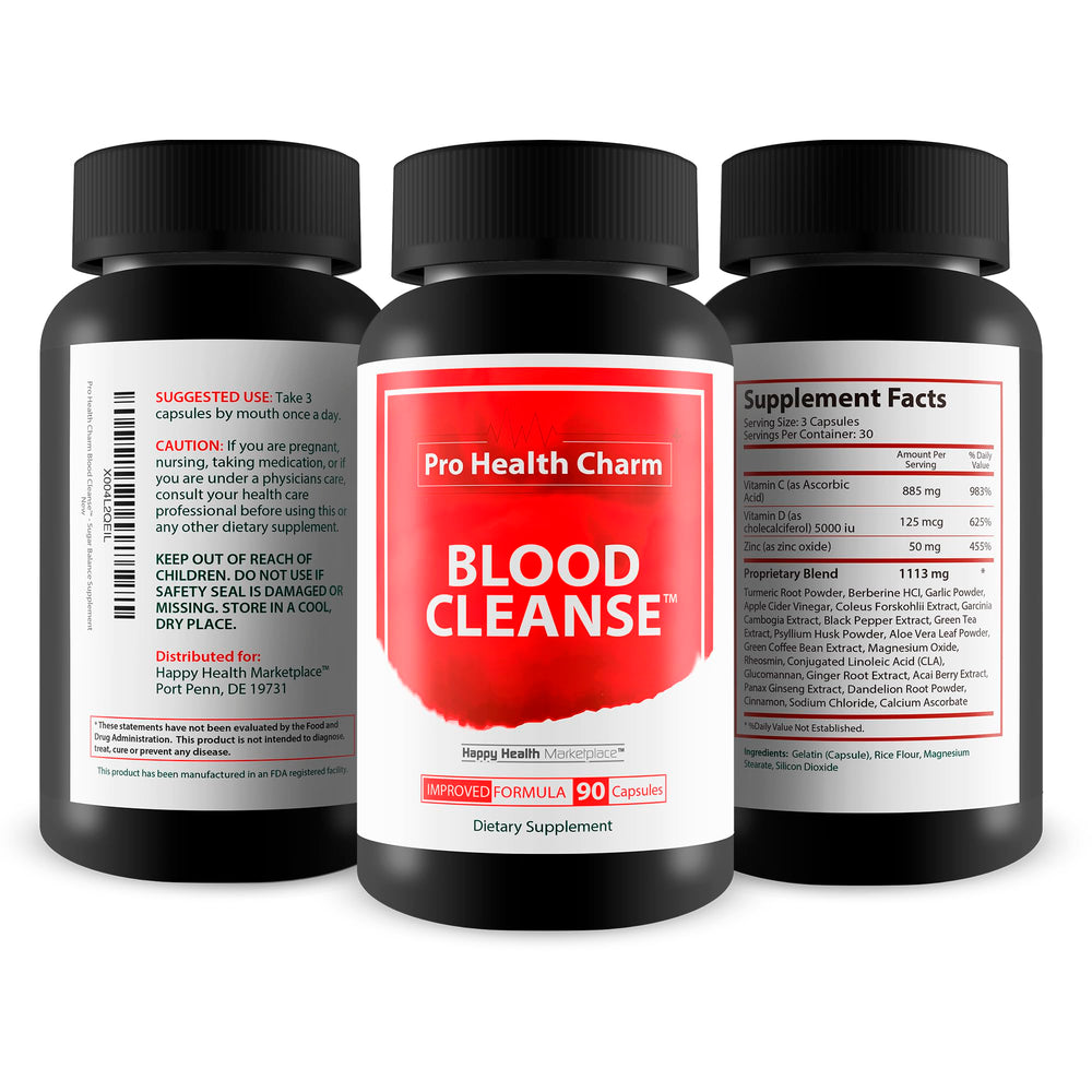 Packaging setup for Happy Health Marketplace Blood Cleanse, ready for daily use.