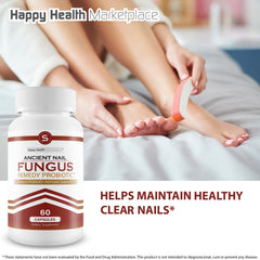 Happy Health Marketplace Probiotic bottle shown near a clean nail illustration.