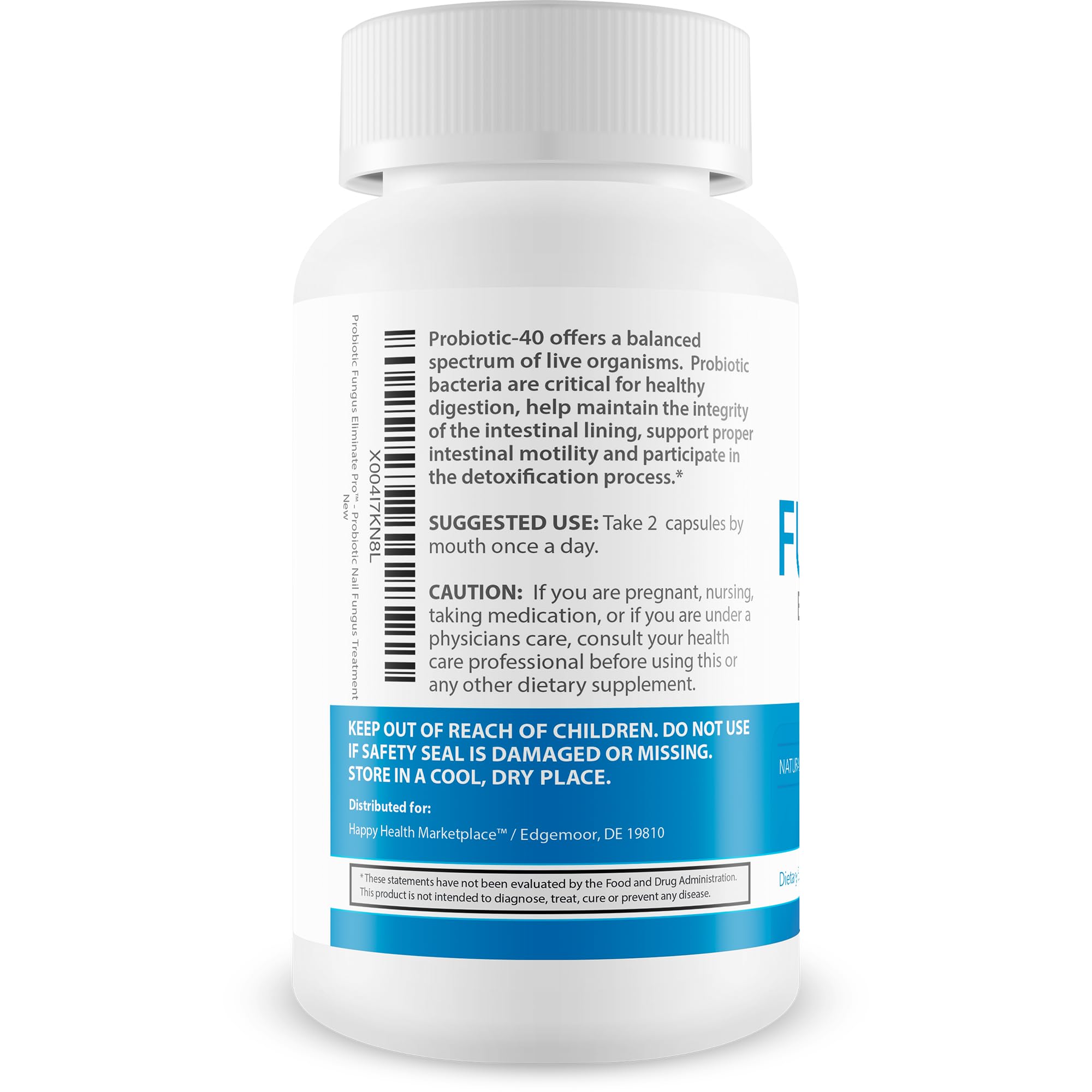 Happy Health Marketplace Probiotic Fungus Eliminate Pro label highlights USA-made quality.