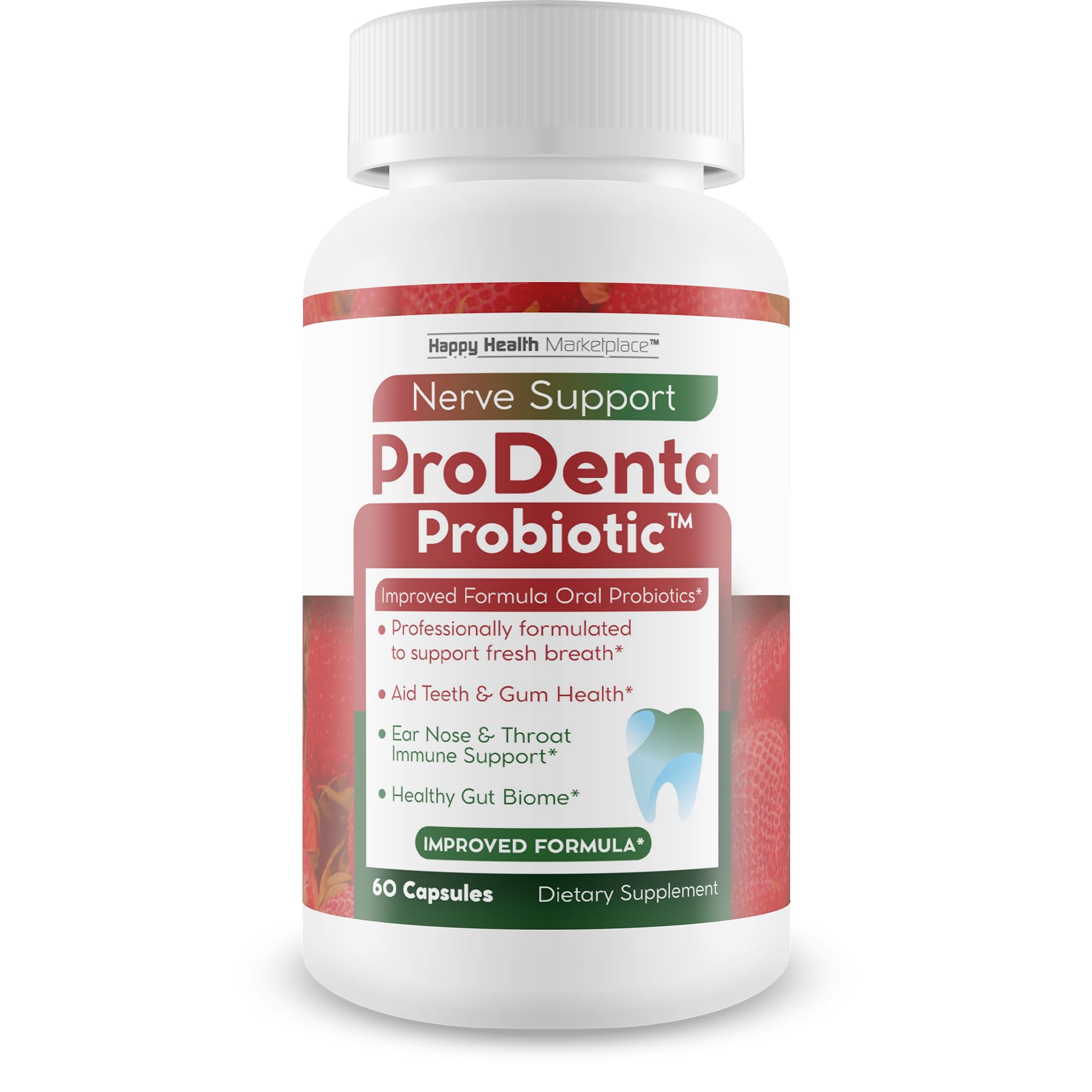 Happy Health Marketplace ProDenta Probiotic bottle front promoting daily oral balance.