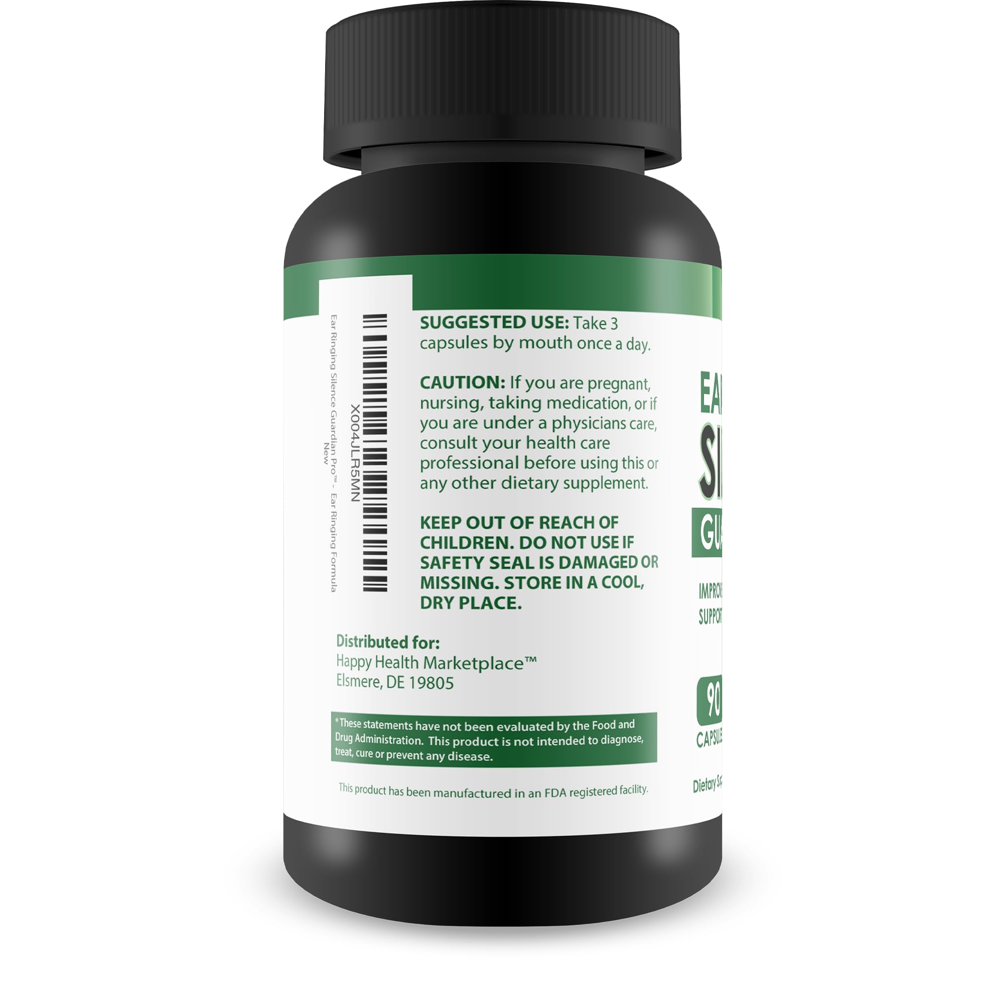 Happy Health Marketplace capsules close-up for tinnitus relief and hearing wellness.