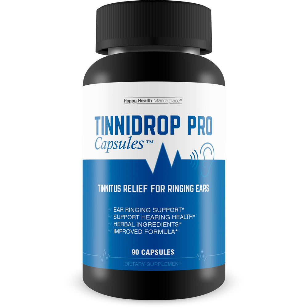Happy Health Marketplace Tinnidrop Pro bottle supports daily ear health.