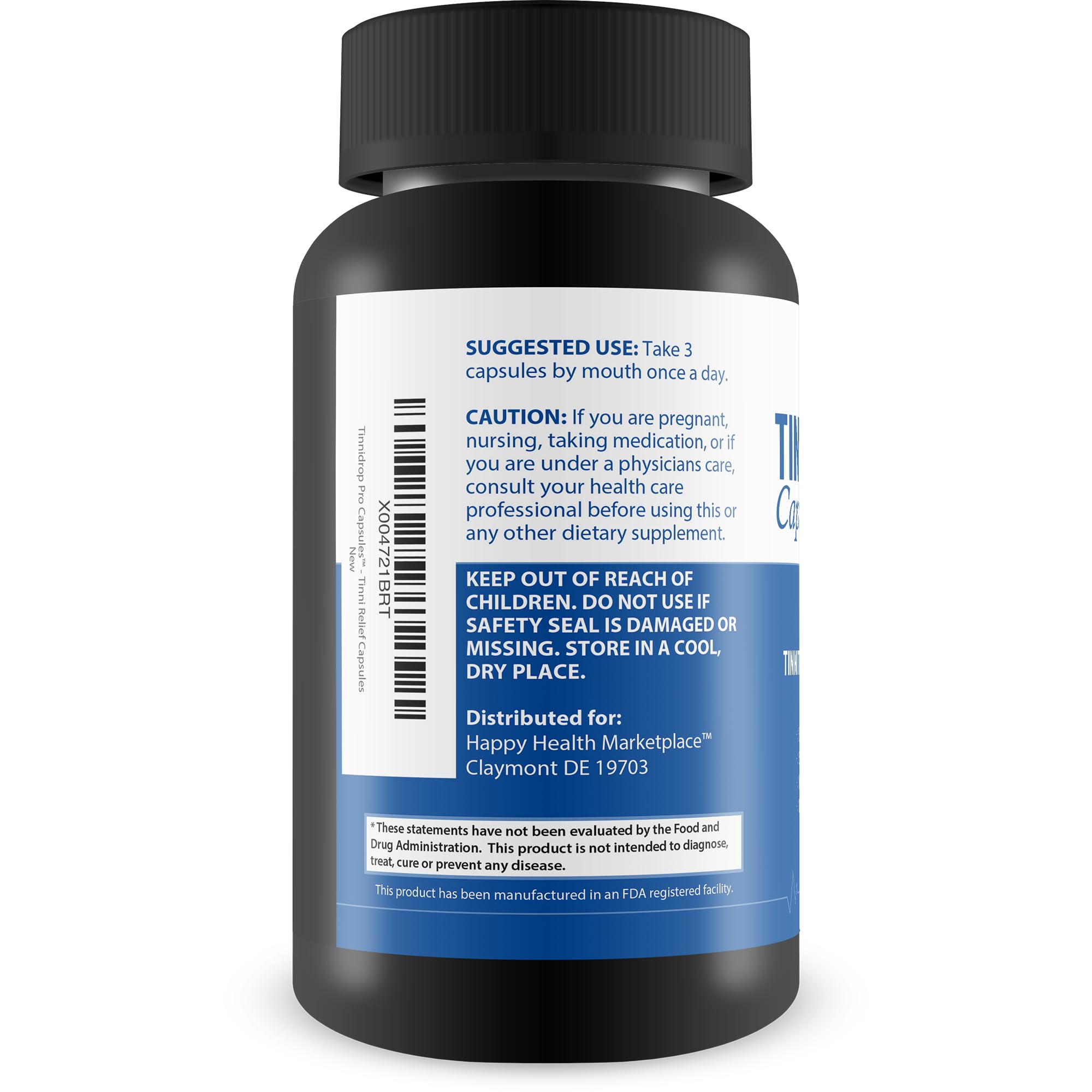 Happy Health Marketplace Tinnidrop Pro closeup shows soft capsules and herbal formula.