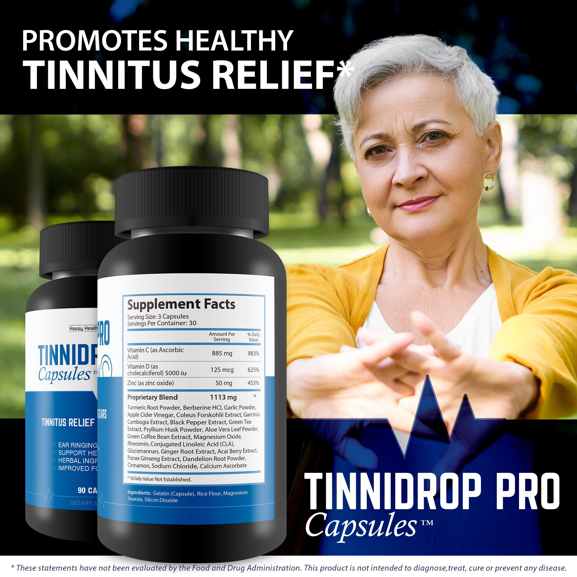 Happy Health Marketplace Tinnidrop Pro daily-use bottle on a clean countertop.