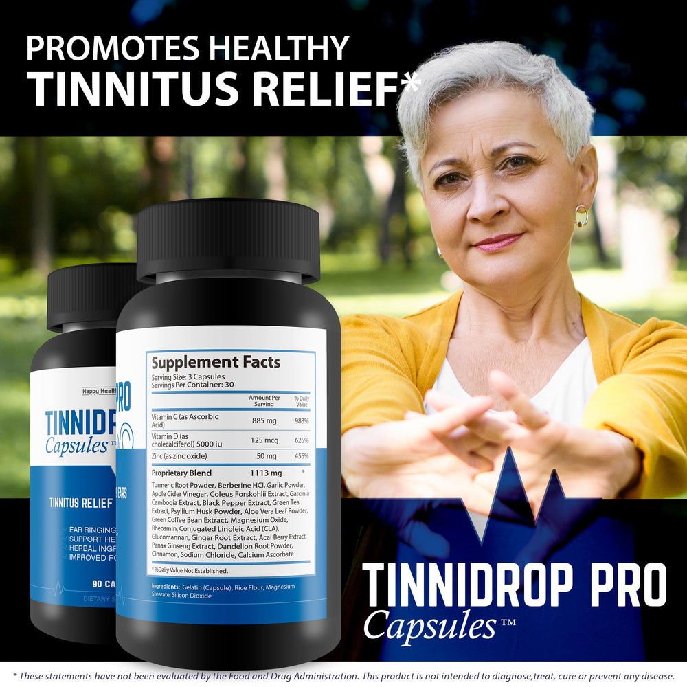 Happy Health Marketplace Tinnidrop Pro daily-use bottle on a clean countertop.