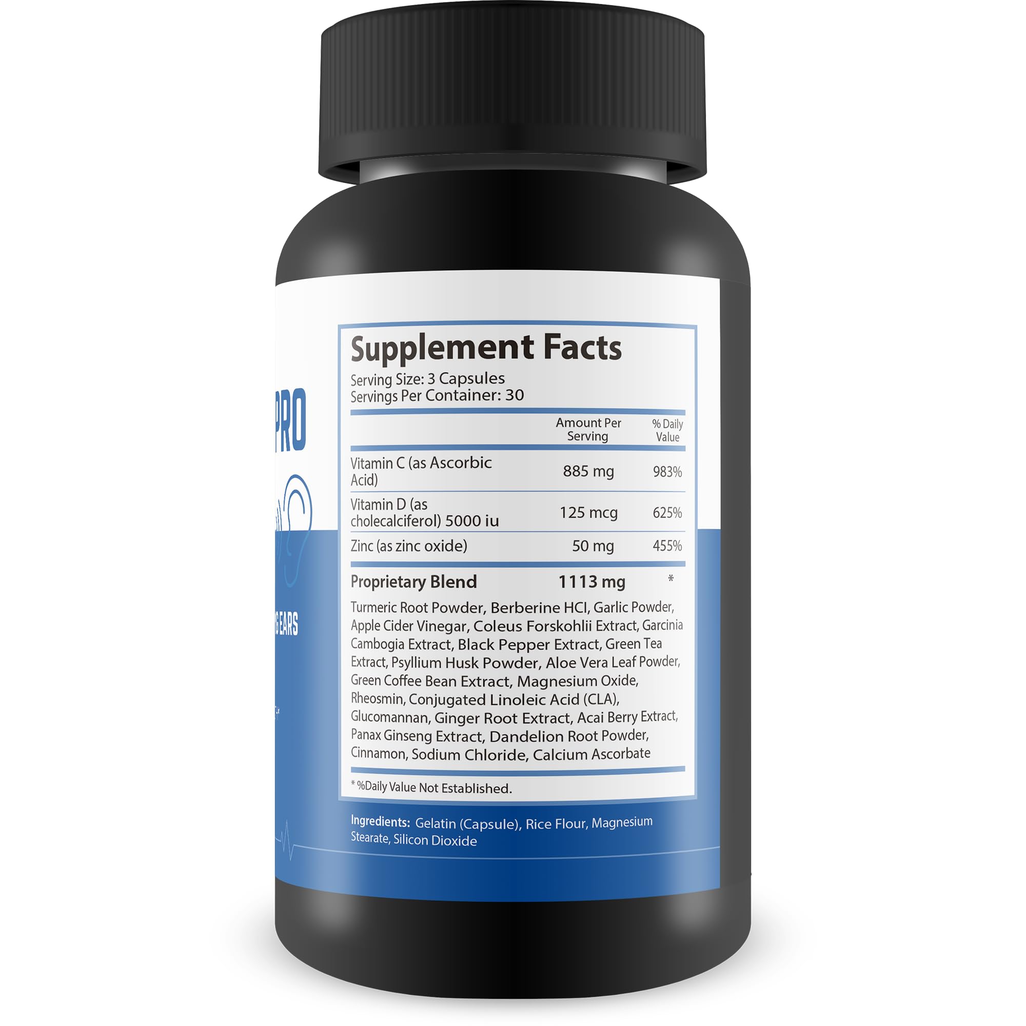 Happy Health Marketplace Tinnidrop Pro label highlights natural tinnitus relief features.