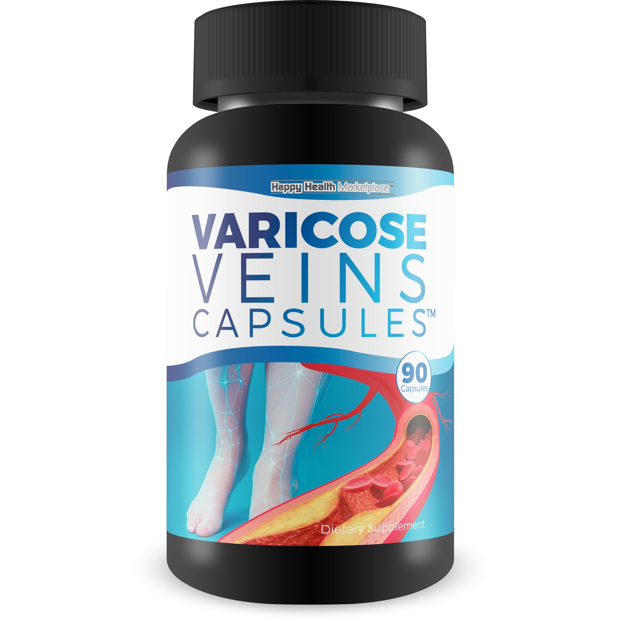 Happy Health Marketplace Varicose Veins Capsules bottle front for natural leg comfort.