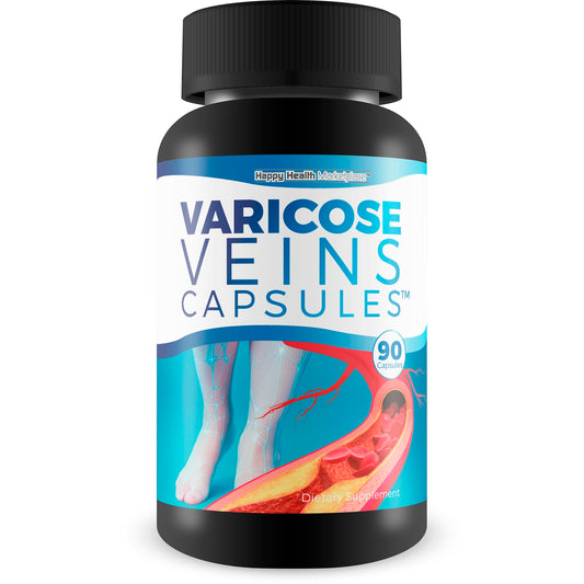 Happy Health Marketplace Varicose Veins Capsules bottle front for natural leg comfort.